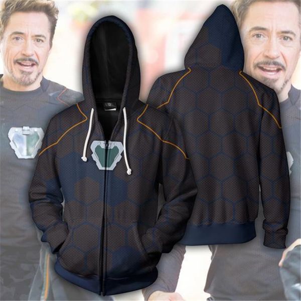 

3d printed iron man costume hoodies men spider verse hooded cosplay sweatshirts zipper jackets casual, Black;brown