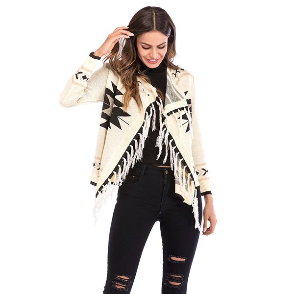 

women's clothing autumn new geometric pattern fringed shawl coat coloring long sleeve knitted cardigan, White