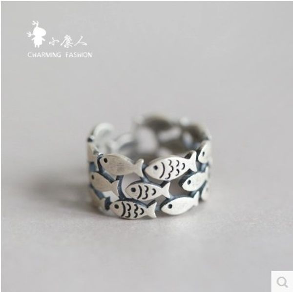 

cute little fish lovely swimming fish s925 sterling silver handmade ring with adjustable opening ring birthday gift, Golden;silver