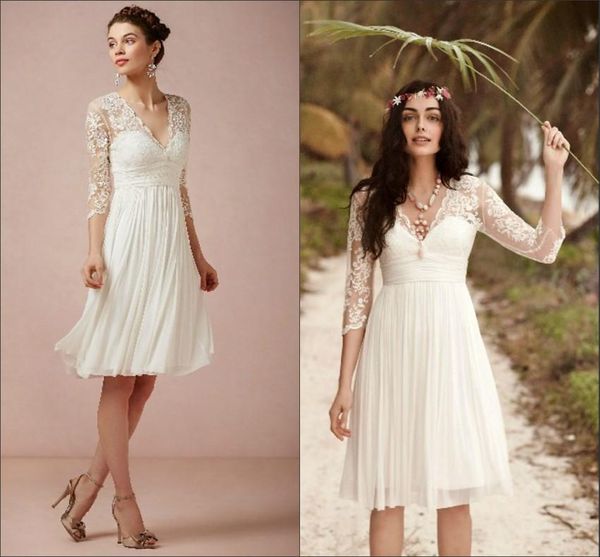 

2019 bohemia party dresses lace 3/4 long sleeve knee length graduation dresses v neck chiffon bridal gowns party dresses, Blue;red