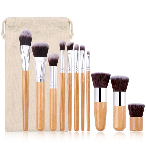 11-teiliges Make-up-Pinsel-Set mit Bambusgriff, Foundation-Kosmetik-Make-up-Pinsel-Set mit Stoffbeutel-Verpackung