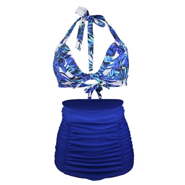 

royal blue bikini set high waisted ruched women swimsuits plus size two-piece swimwear leaves print bow bikini sets wholesale, White;black