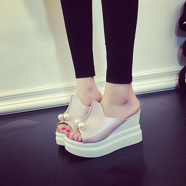 

fashion solid summer wedges slippers women open toe outside solid ladies platform slides platform string bead shoes c14, Black