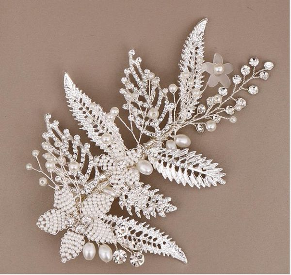 

european and american selling rhinestone leaf headdress bride hand-woven flower hair band hair clip, Silver