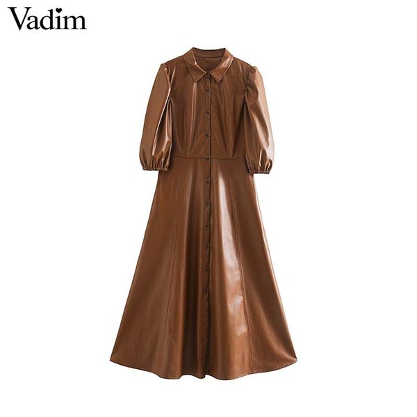 

vadim women chic pu leather shirt dress turn down collar a line midi dress female solid mid calf dresses vestidos qd178, Black;gray