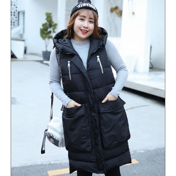 

big size vests new women 2019 long sleeveless jackets lady winter spring hood female thick vest plus over size 5xl 6xl outerwear, Black;white