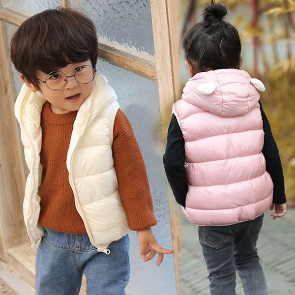 

children fleece solid vests waistcoats girl boy outerwear hooded white ear kids trench autumn spring baby sleeveless vest parka, Blue
