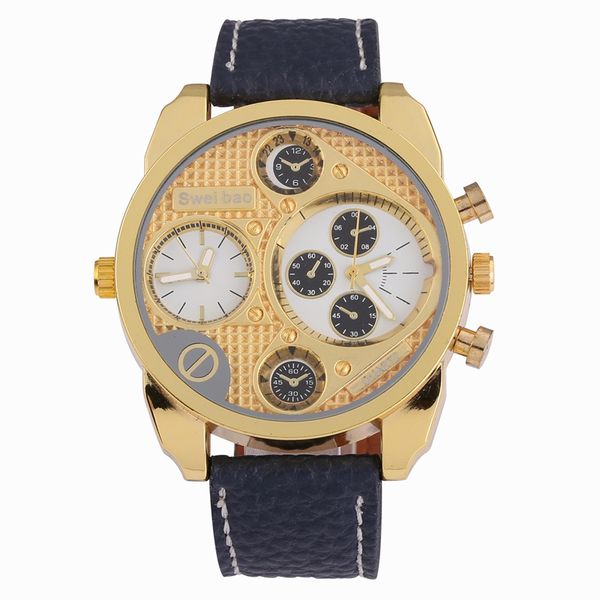

shiweibao large dial men's dual time zone men's wrist quartz gold watch leather strap sport watch reslogio masculino, Slivery;brown
