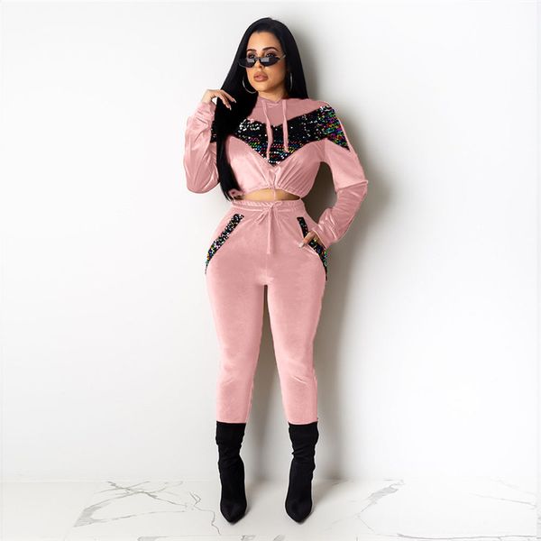 

sequins women 2 panelled pullover set winter bodysuit piece hoodies clothing crop fall outfit leggings pants outerwear sportswear 1 jmmr, Black