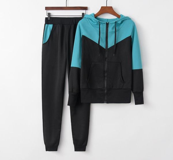 

blue women 2 pcs running set autumn hoodies pants tracksuit sports fitness casual hoodies patchwork sportswear sets, White