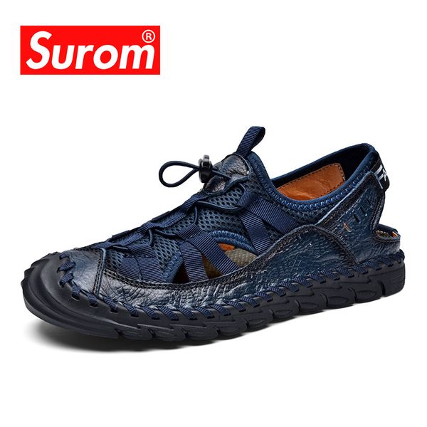 

surom summer new fashion sandals men breathable genuine leather casual shoes men sandals soft rubber sole beach shoes handmade, Black