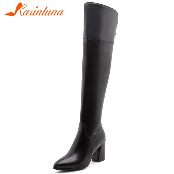 

karin fashion 2020 plus size 48 pointed toe concise shoes woman boots female chunky heels over the knee boots women shoes, Black