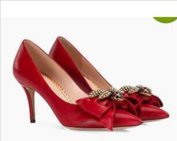 

basketball shoes dress ladies party high heel pointed toe bowtie metal bee luxury genuine leather fashion pumps new spring footwear