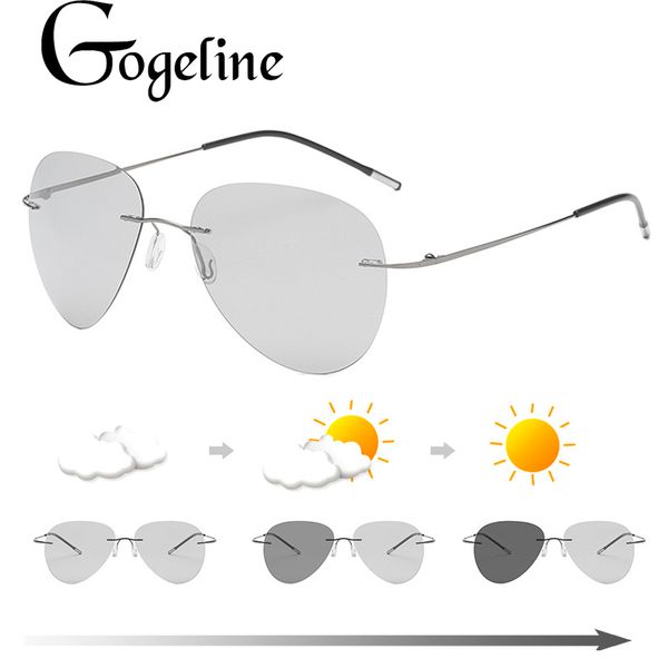 

pchromic rimless polarized light sunglasses titanium arm chameleon discoloration sun glasses for men women aviation square, White;black