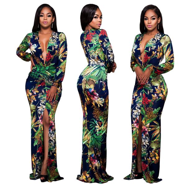 

women high slit bodycon dress v-neck full sleeve floral printed long maxi dresses for woman robe longo female, Black;gray