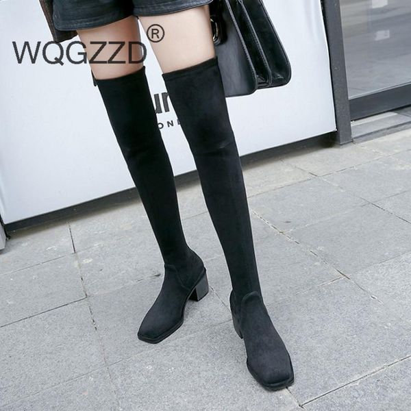 

bottes femme women's shoes square toe flock stretch boots keep warm superstar med heels over-the-knee boots mujer, Black