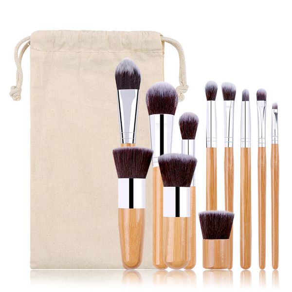

11pcs bamboo makeup brushes wit burlap bag foundation powder eye make up brush set beauty cosmetic tool
