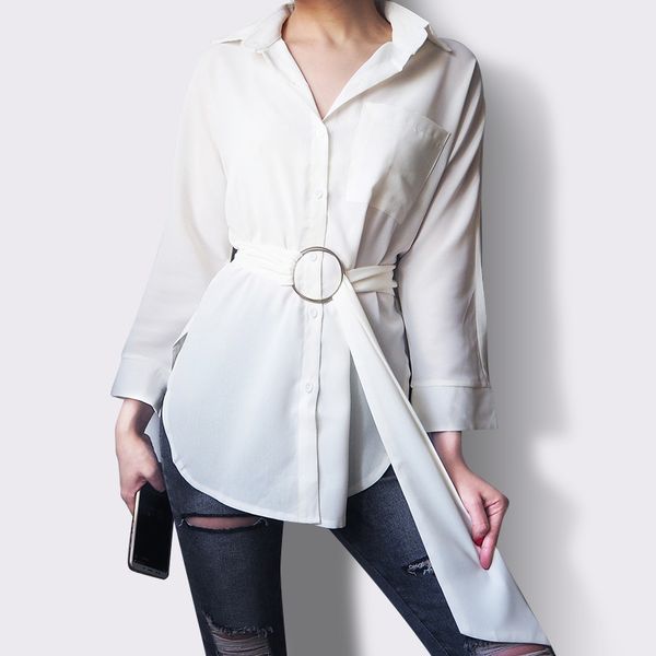 

casual autumn women blouse office blouse shirt summer simple women shirt office lady clothes 2020 blusas with belt, White