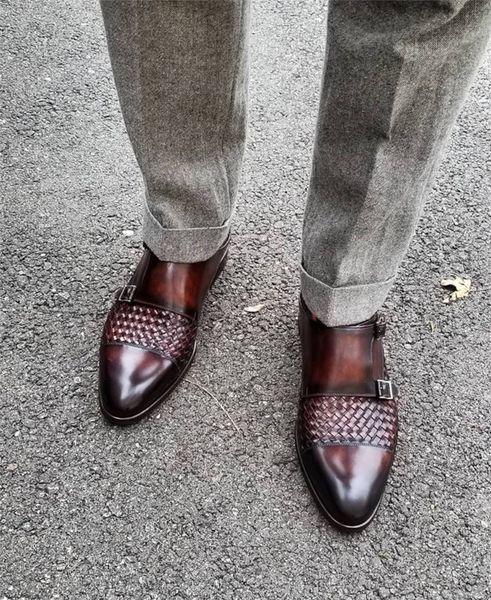 

new handmade leather vintage style men casual shoes double monk strap buckle loafers wedding party dress shoes zapatos hombre, Black