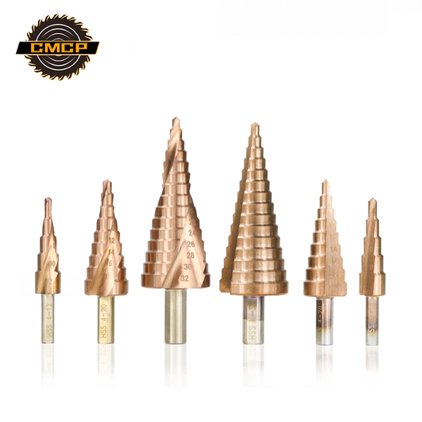 

ticn coated step drill bit hss round shank 4-12/20/32 cone drill bit spiral grooved hole cutter for wood/metal drilling