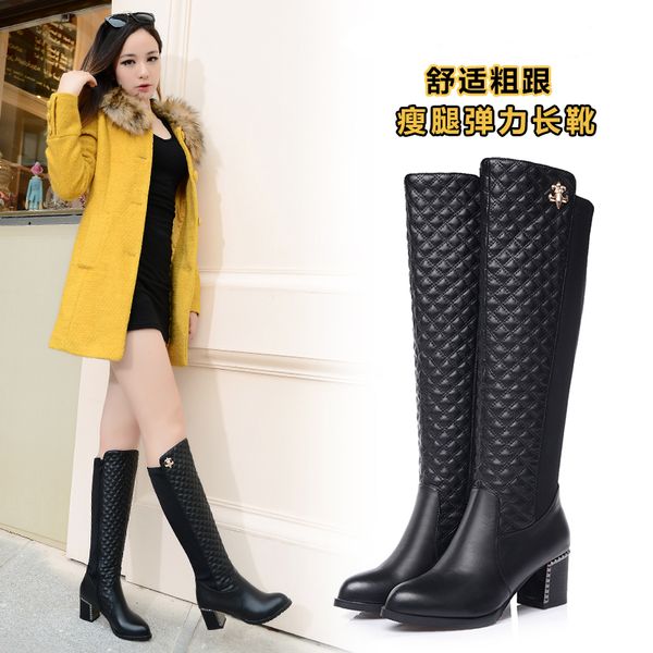

women's high-heeled comfortable casual fashion high boots tidal fiber plus soft stretch cloth stovepipe modified leg type thick, Black