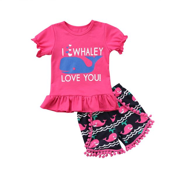

Cute Casual Kids Baby Girls Short Sleeve Rose Red Print Shark Top T-shirt Shorts Outfits Clothes 2PCS Summer 1-5Y