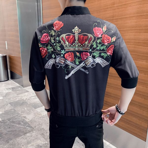

luxury rose print men shirt casual loose streetwear shirts half sleeve night club party clothes blusa masculina chemise homme, White;black