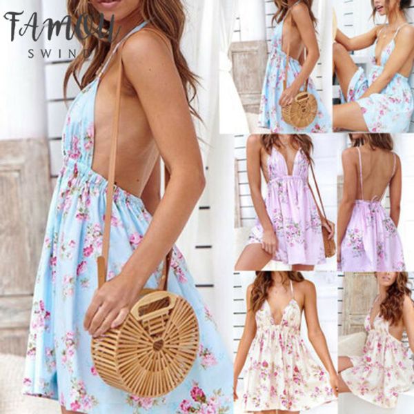 

2020 new women boho floral short mini dress evening party v neck backless beach dresses summer sundress, Black;gray