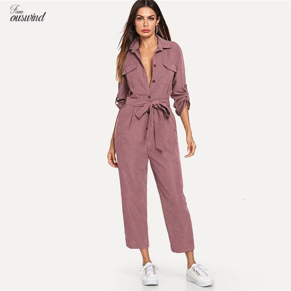

pink casual detail jumpsuit women 2019 roll up sleeve tapered jumpsuits mid waist belted shirt tooling jumpsuit, Black;white
