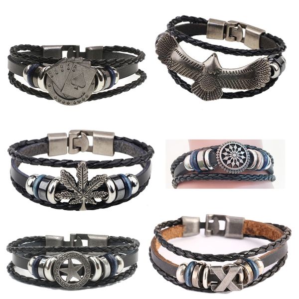 

female playing cards lucky poker ace eagle cross leaf vintage black leather bracelet charm multilayer braided bracelet women men, Golden;silver