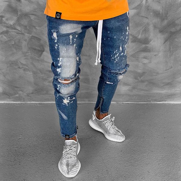 

мужские дизайнерские джинсы fashoin slim fit отверстия потрошитель молния дизайнер карандаш брюки уличный стиль мужская одежда, Blue