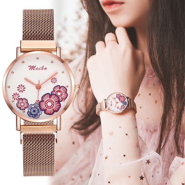 

zerotime #501 2019 clock wristwatches quartz stainless steel band women magnet buckle flower wrist watch luxury ing, Slivery;brown