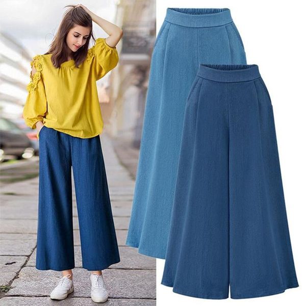 

casual high waist denim pants loose formal elegant office lady ankle-length wide leg pants pocket korean trousers women, Black;white