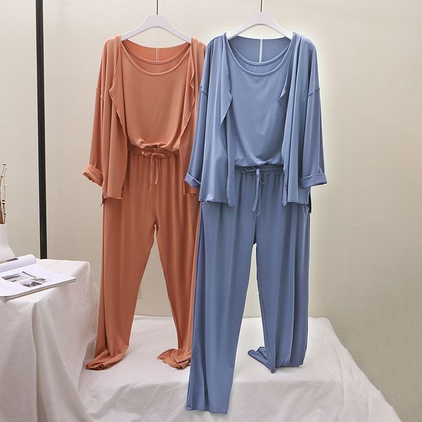 

women pajamas suits home wear fashion long cardigan+tank pants 3 pieces set lady outfit lazy wind modal soft comfortable, Black;red