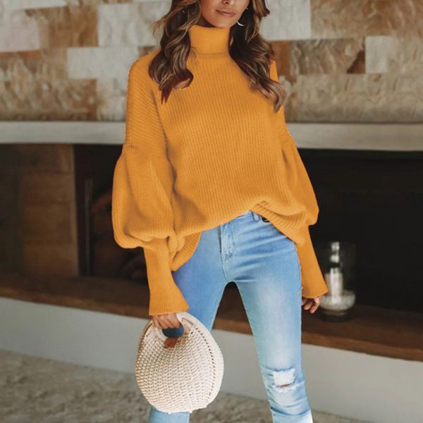 

women western style casual long sleeve loose knitted turtleneck lantern sleeve sweater jumper pullover pull femme.w, White;black