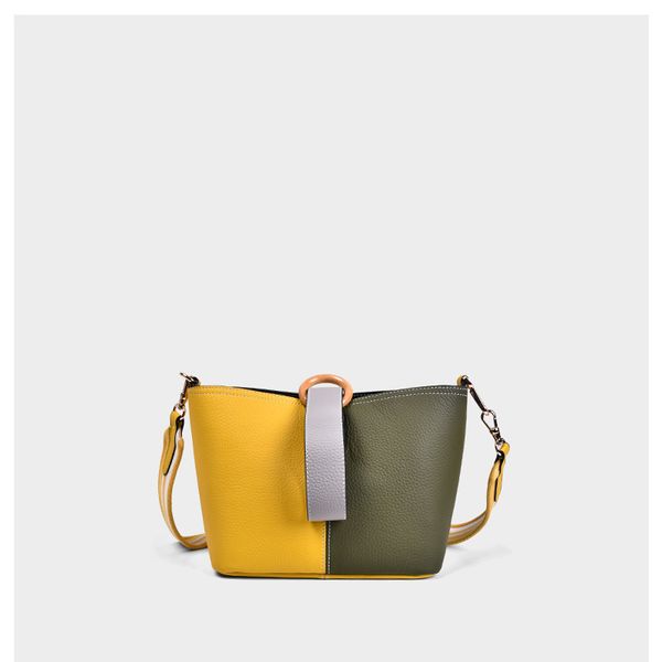 

package female wooden bucket circle one shoulder inclined shoulder bag color matching basket bag real leather