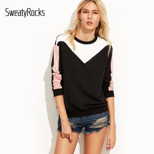 

sweatyrocks color block drop shoulder sweatshirt womens round neck long sleeve sporting pullovers sweatshirt fall casual top, Black