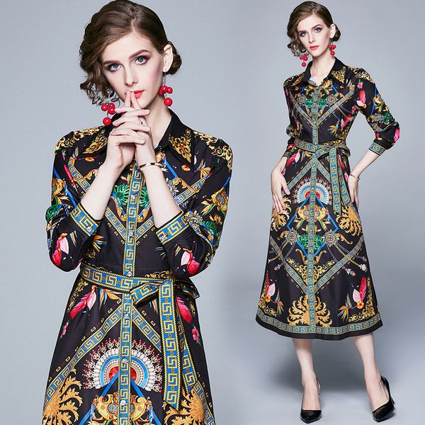 

2020 runway vintage luxury dress women long sleeve lapel neck party prom baroque print ladies designer dress bow office button shirt dresses, Black;gray
