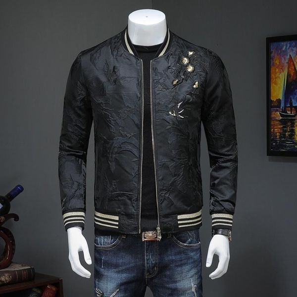 

embroidery black jacket men fashion casual slim fit windbreaker stand collar bomber jackets spring autumn male coat