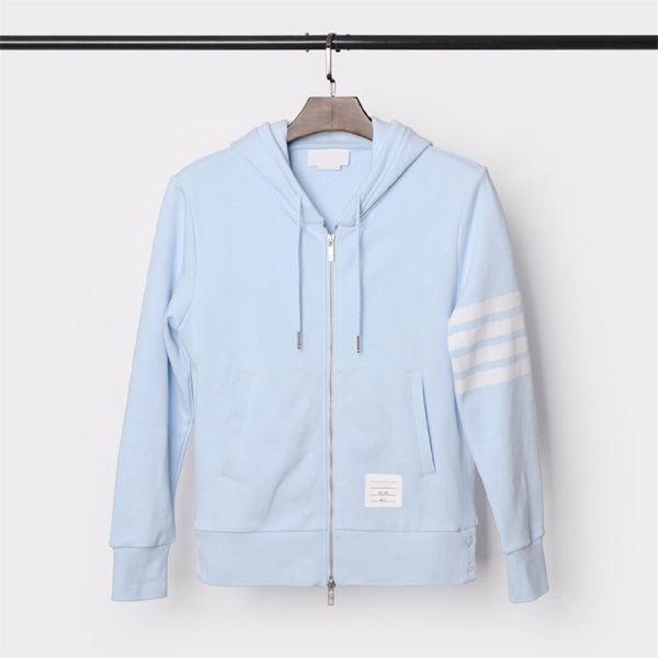 

pure cotton loopback jersey knit engineered 4-bar arm stripes light-blue zip-up hoodie sports casual men women's sweatshirts