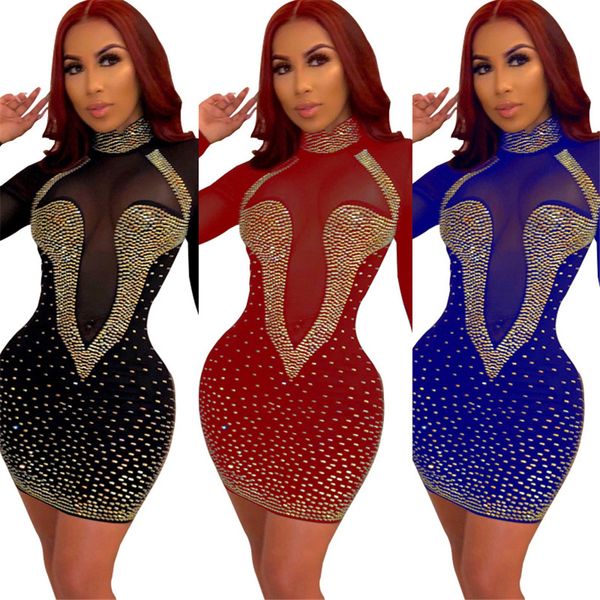 

see through mesh стразы сексуальные клубные платья женщины водолазка с длинным рукавом повязка платье плюс размер bodycon короткое платье дл, White;black