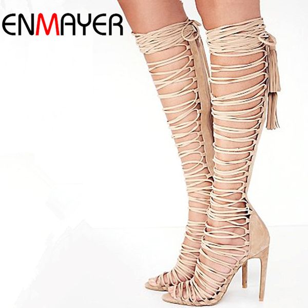 

enmayer plus size 34-43 new knee high gladiator sandals high heels lace up suede summer boots thin heels party dance shoes, Black