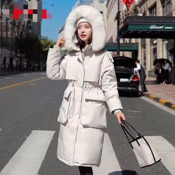 

korean-style 2019 new style down jacket women's mid-length raccoon thick loose-fit drawstring waist hugging slimming hooded coat, Black;white