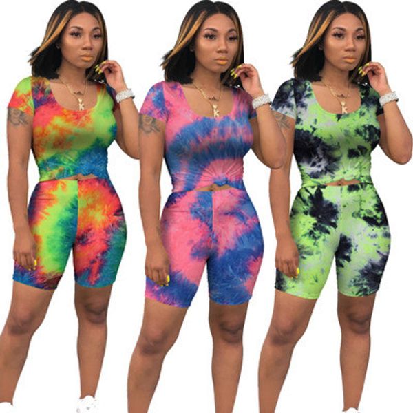 

fashion women summer sports suits lady split 2 piece sportswear set casual tie-dyed suit women's tracksuits 2020 #4, White;black