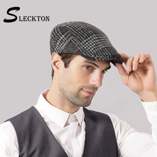 

sleckton good quality tweed plaid mens berets fedora retro newsboy caps for men french flat cap casual peaked hat peaky blinders, Blue;gray