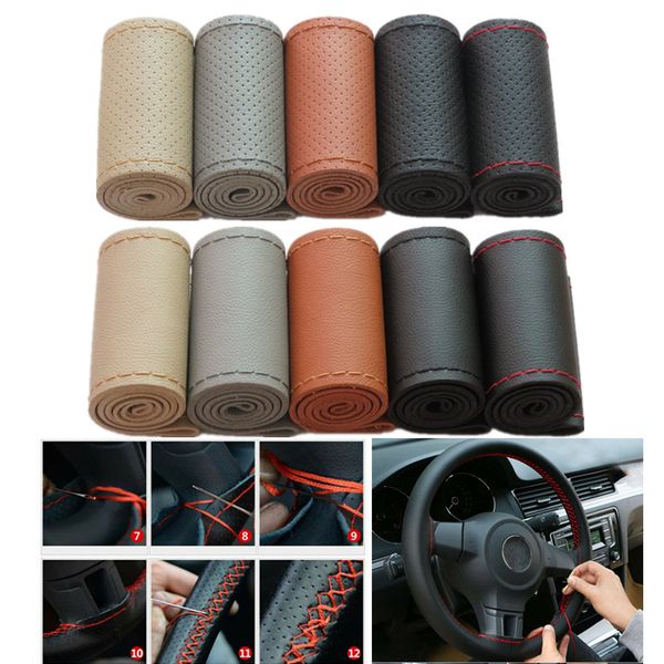 

car braid on the steering wheel 38 cm hand sewing microfiber leather covers auto steering wheel cover