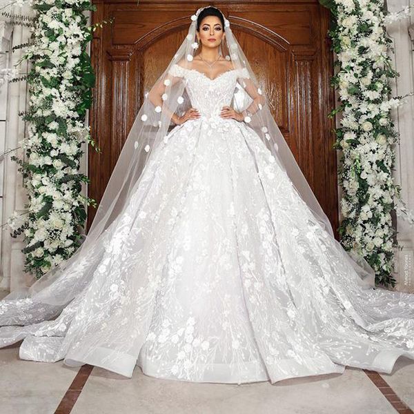 

3d floral flower ball gown wedding dresses plus size off shoulder puffy bridal gowns sweep train wedding dress, White