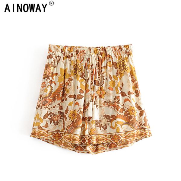 

vintage chic women floral print tassel beach bohemian shorts ladies elestic waist large size loose rayon cotton boho shorts, White;black