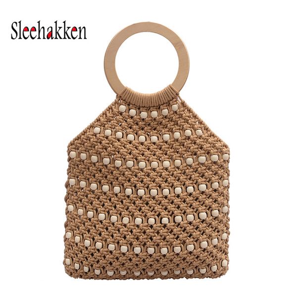 

handmade coarse cotton solid wood round handle travel beach fishing net handbag shopping woven shoulder bag bags for women 2019