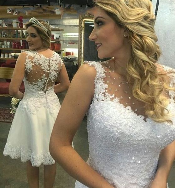 

little short lace wedding dresses crystal beaded applique jewel cap sleeve see though back bridal party dress for bride wedding gowns cheap, White